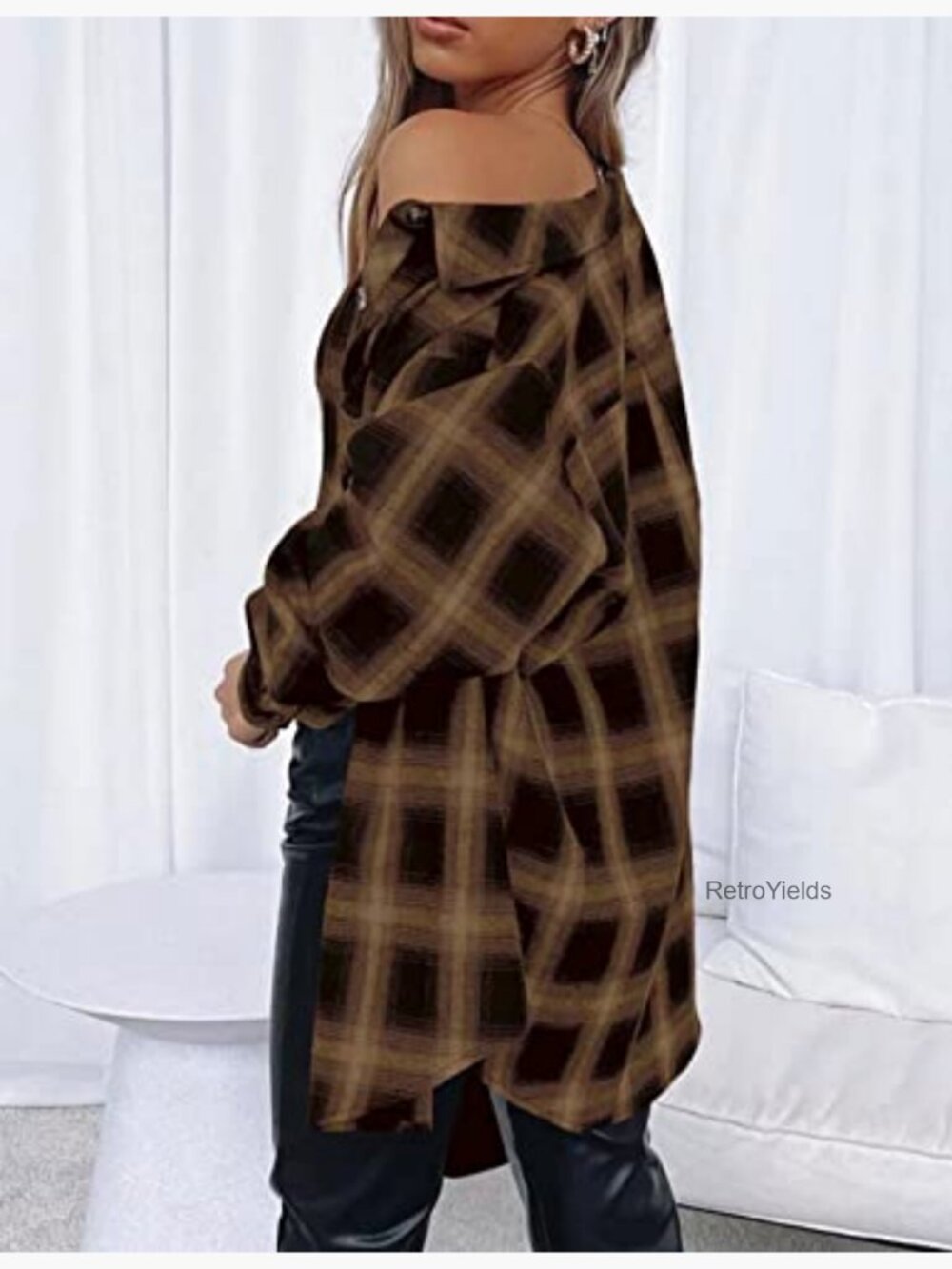 Oversized Flannel Button Down Shirt Blouse Top Long Sleeve Plaid - Picture 3 of 4
